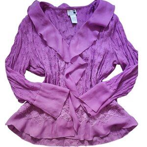 Y2k Modern Images Purple Embroidered Ruffle Blouse Long Sleeve Size‎ L